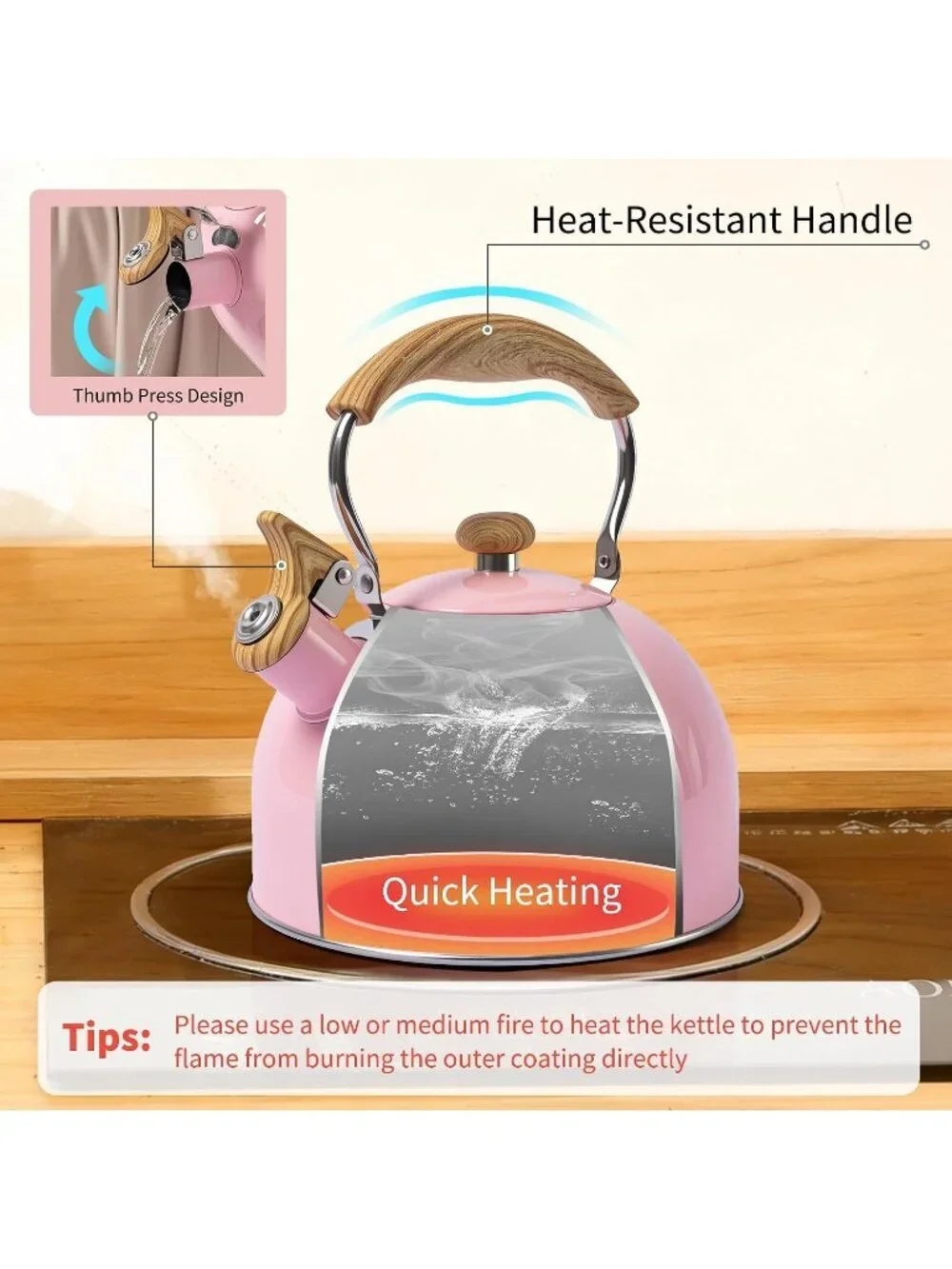 Pink Kitchen Whistling Tea Kettle 2.5 Quart Stainless Steel Wood Folding Handle